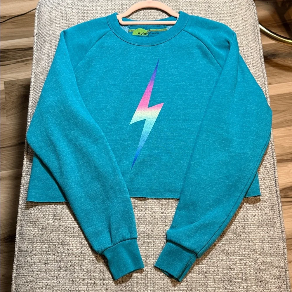 Aviator Nation Bolt Gradient Teal SET Cropped Pullover and Sweatpants Both Small - Picture 2 of 7